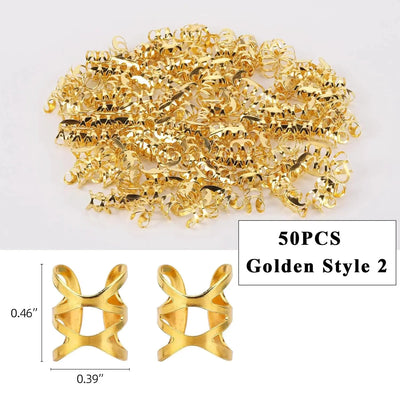 8*9mm Golden/Silver Hair Cuffs Loc Rings for Braids, Hair Clips Multi Style Metal Dreadlock Hair Beads Accessories Decoration 50PCS S Style 2