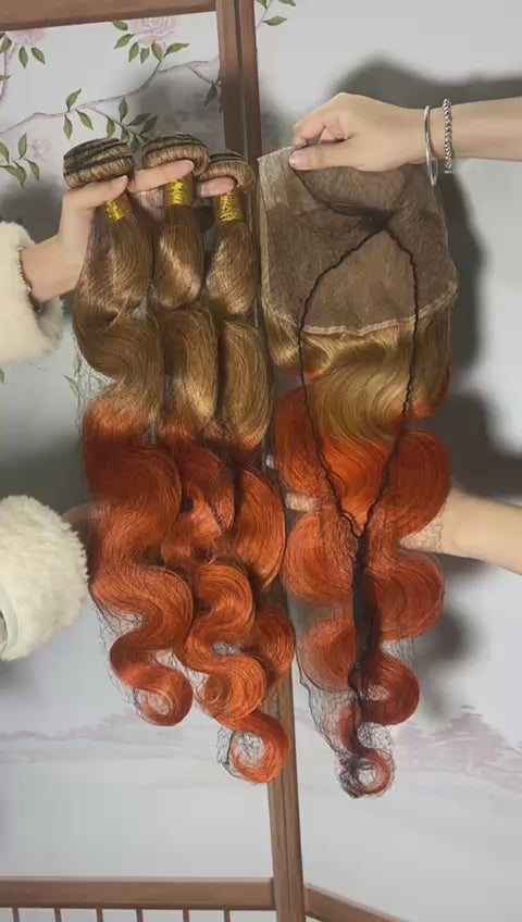 Custom Color Virgin Body Wave Bundles Ombre 27 Inch Ginger Hair.