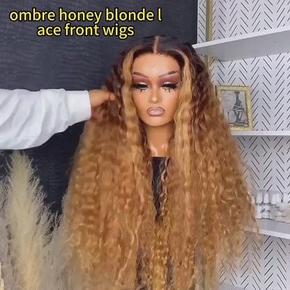 Water Wave Lace Front Wig Brazilian Ombre Honey Blonde 30 Inch Human Hair.