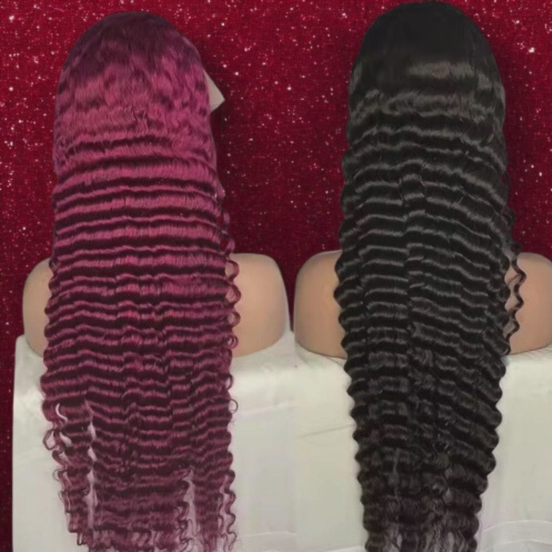Deep Wave 200 Density HD Frontal Wig – Pre-Plucked Knotless Design.