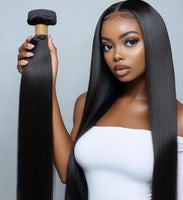 Straight Brazilian 100% Virgin Hair Bundles, 10-30 inch, long glossy black hair on a model.