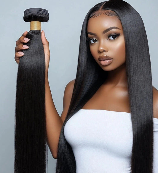 Straight Brazilian 100% Virgin Hair Bundles, 10-30 inch, long glossy black hair on a model.
