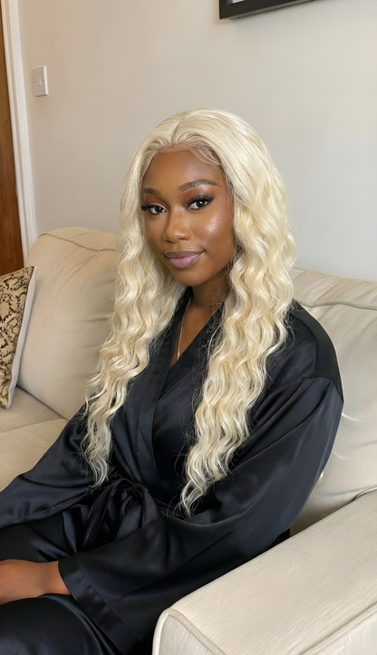 HD Glueless Pre-Plucked Loos Deep Wave Human Wig Brazilian Blonde.